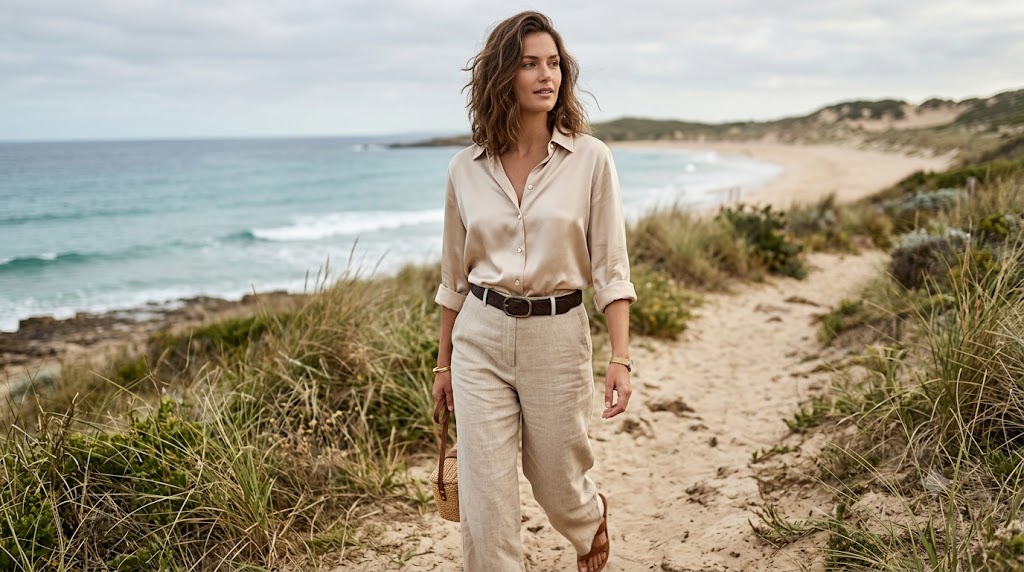 Champagne Satin Shirt & Beige Linen Pants
